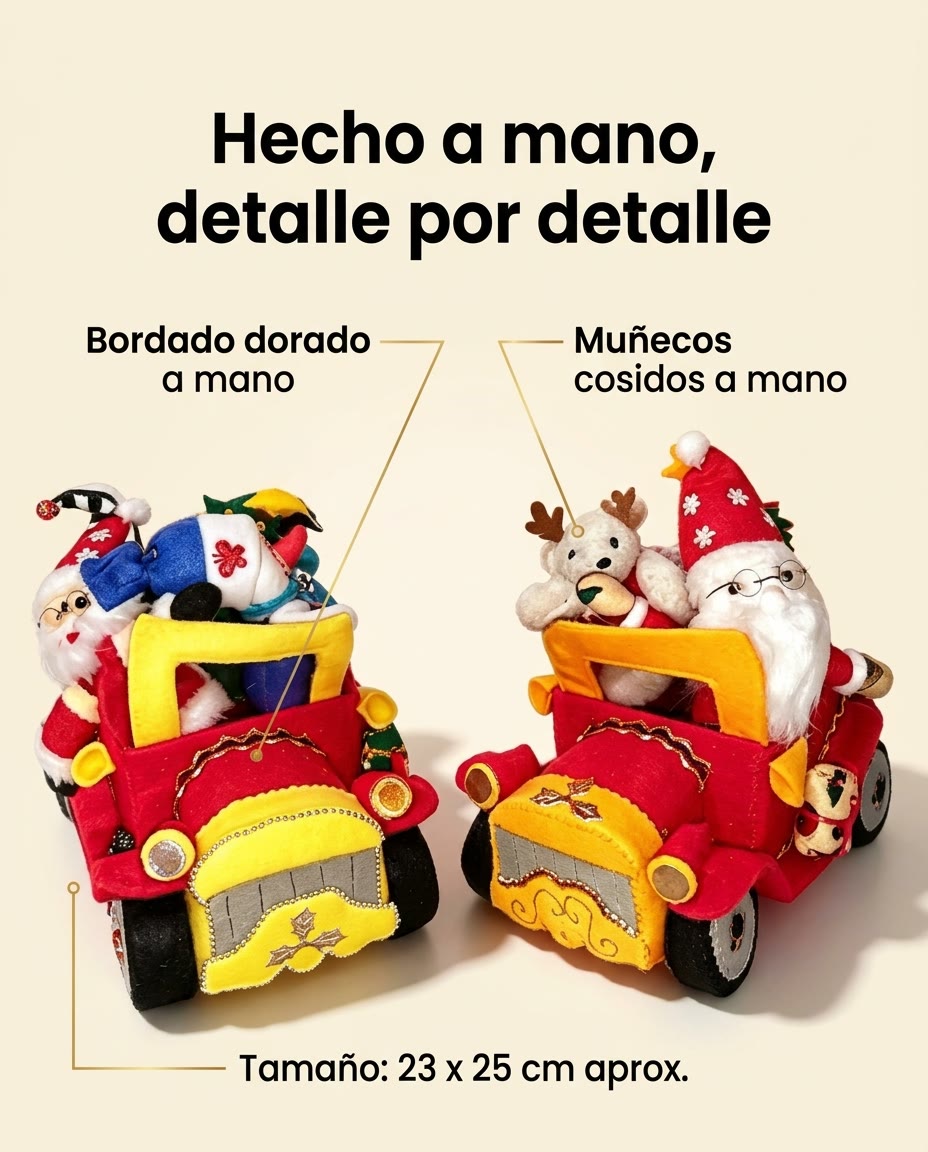 Carrito Navideño: bordado dorado y muñecos cosidos a mano