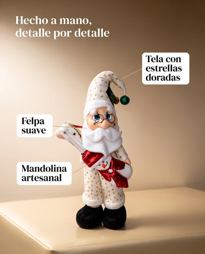 Noel Bohemio: felpa suave, tela con estrellas doradas y mandolina
