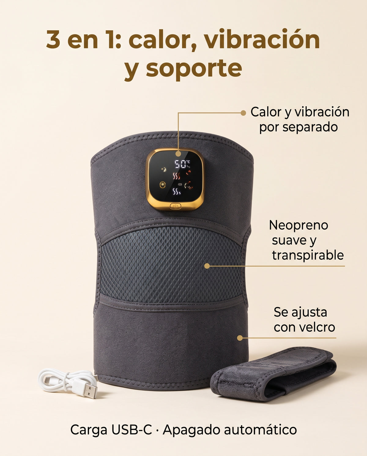 Masajeador de Rodilla Térmico Inalámbrico - Calor 50°C, Vibración y Recargable USB-C